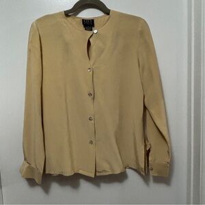 City Silk 100% Silk Size S Blouse Keyhole Neck Long Sleeve Button Down In Beige
